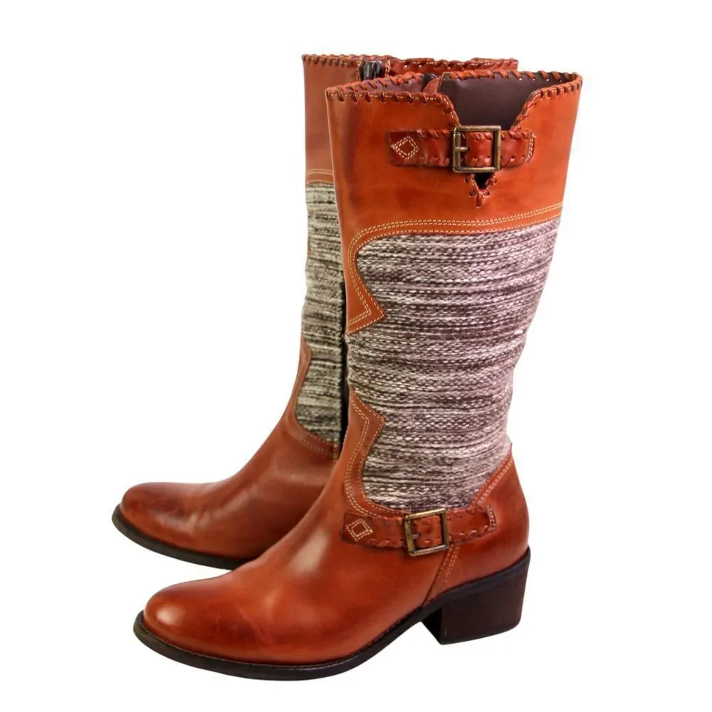 Fortress of Inca BROWN LEATHER TAPESTRY MID HEEL ZIP SIDE ROUND TOE BOOTS Sz 6